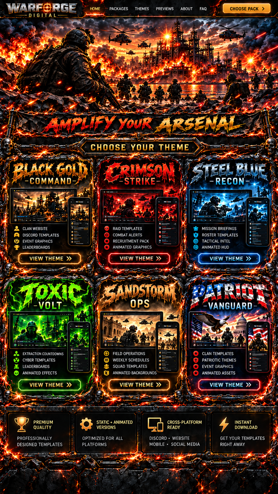 WarForge Digital battlefield storefront with Amplify Your Arsenal banner and six theme collections